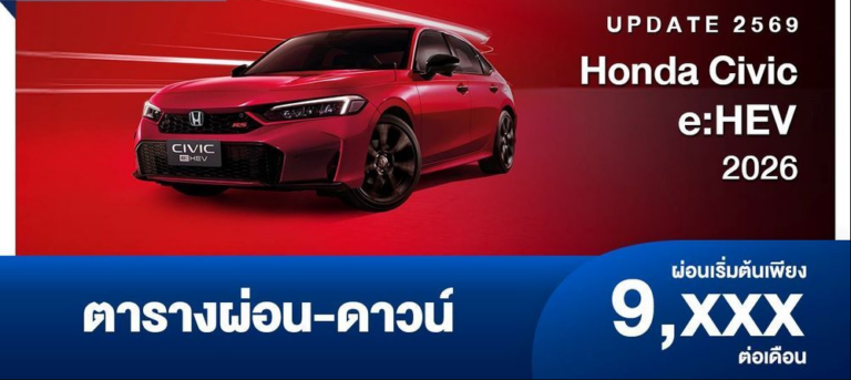 ตารางผ่อน Honda Civic e:HEV 2026 ส่วนลดสูงสุด 60,000 บาท